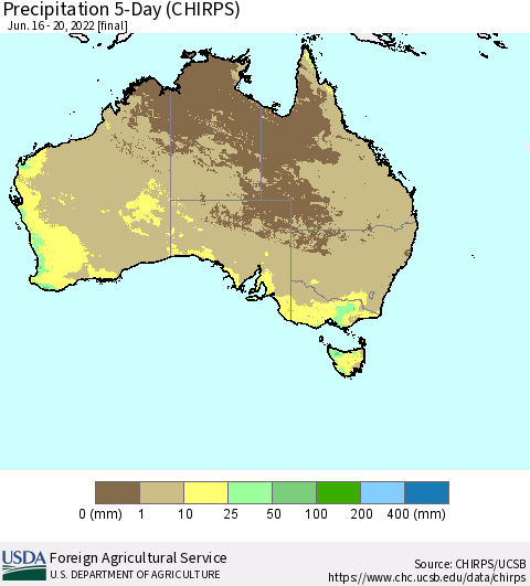 Australia Precipitation 5-Day (CHIRPS) Thematic Map For 6/16/2022 - 6/20/2022