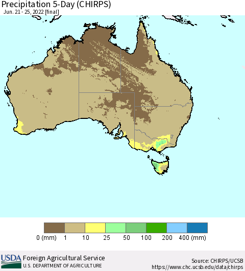 Australia Precipitation 5-Day (CHIRPS) Thematic Map For 6/21/2022 - 6/25/2022