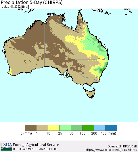Australia Precipitation 5-Day (CHIRPS) Thematic Map For 7/1/2022 - 7/5/2022