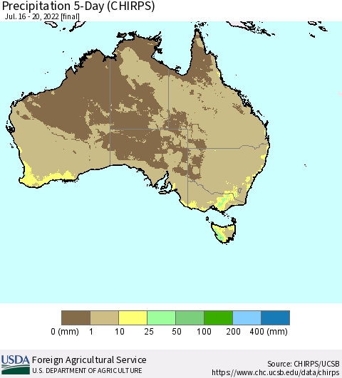 Australia Precipitation 5-Day (CHIRPS) Thematic Map For 7/16/2022 - 7/20/2022