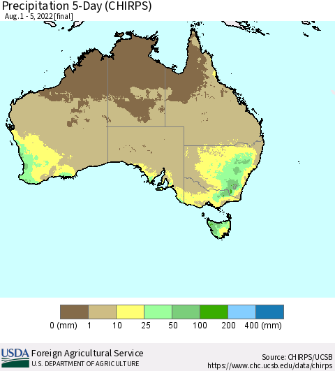 Australia Precipitation 5-Day (CHIRPS) Thematic Map For 8/1/2022 - 8/5/2022