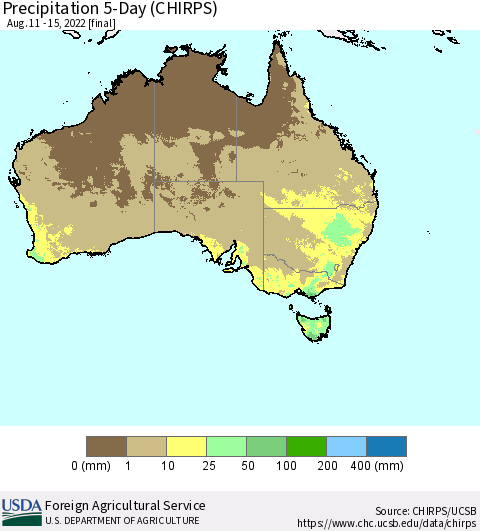 Australia Precipitation 5-Day (CHIRPS) Thematic Map For 8/11/2022 - 8/15/2022