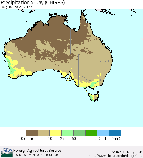 Australia Precipitation 5-Day (CHIRPS) Thematic Map For 8/16/2022 - 8/20/2022