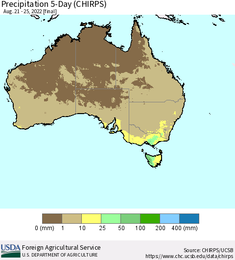 Australia Precipitation 5-Day (CHIRPS) Thematic Map For 8/21/2022 - 8/25/2022