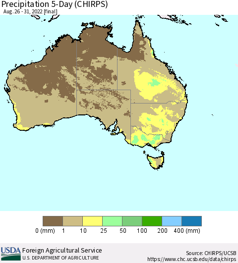 Australia Precipitation 5-Day (CHIRPS) Thematic Map For 8/26/2022 - 8/31/2022