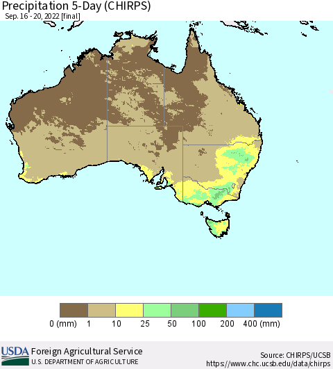 Australia Precipitation 5-Day (CHIRPS) Thematic Map For 9/16/2022 - 9/20/2022