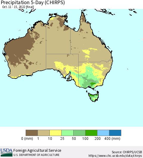 Australia Precipitation 5-Day (CHIRPS) Thematic Map For 10/11/2022 - 10/15/2022