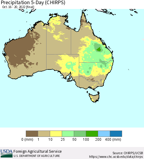 Australia Precipitation 5-Day (CHIRPS) Thematic Map For 10/16/2022 - 10/20/2022