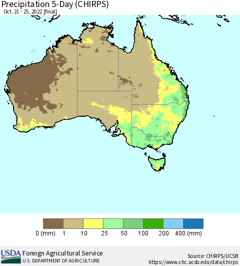 Australia Precipitation 5-Day (CHIRPS) Thematic Map For 10/21/2022 - 10/25/2022