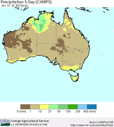 Australia Precipitation 5-Day (CHIRPS) Thematic Map For 11/16/2022 - 11/20/2022