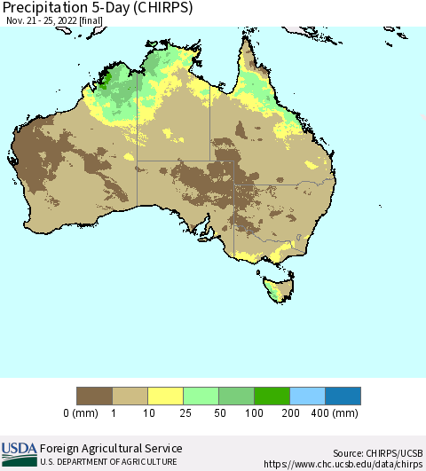 Australia Precipitation 5-Day (CHIRPS) Thematic Map For 11/21/2022 - 11/25/2022