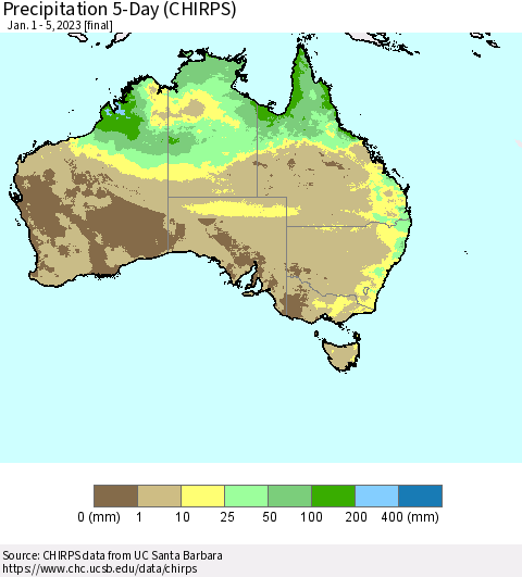 Australia Precipitation 5-Day (CHIRPS) Thematic Map For 1/1/2023 - 1/5/2023