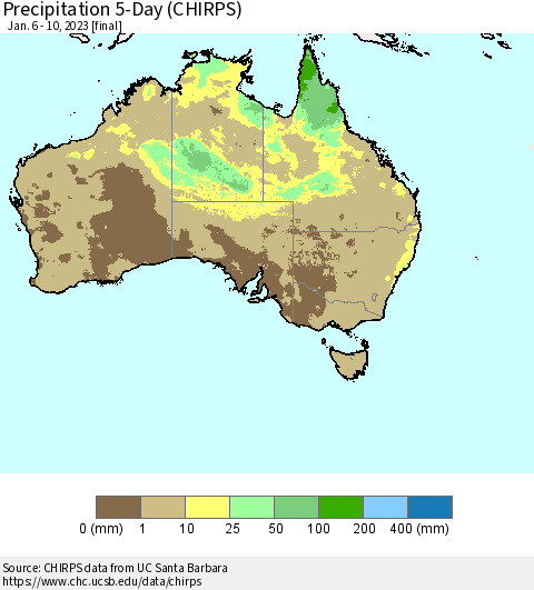 Australia Precipitation 5-Day (CHIRPS) Thematic Map For 1/6/2023 - 1/10/2023