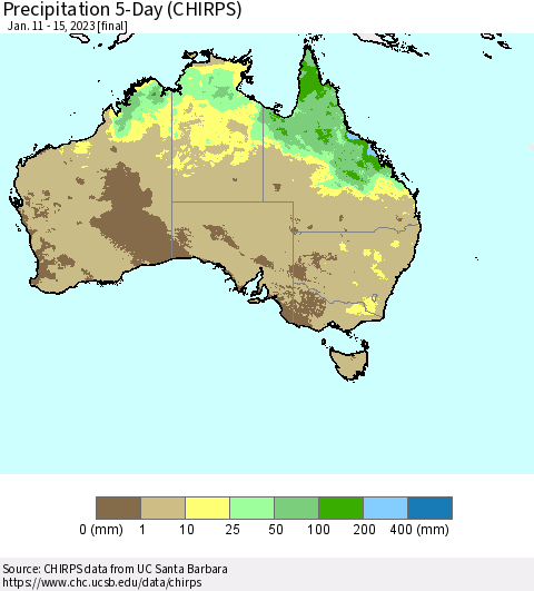 Australia Precipitation 5-Day (CHIRPS) Thematic Map For 1/11/2023 - 1/15/2023