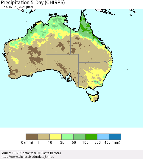 Australia Precipitation 5-Day (CHIRPS) Thematic Map For 1/16/2023 - 1/20/2023