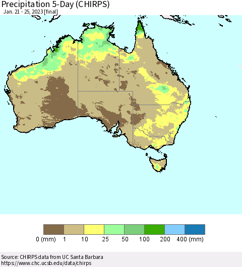 Australia Precipitation 5-Day (CHIRPS) Thematic Map For 1/21/2023 - 1/25/2023