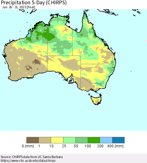 Australia Precipitation 5-Day (CHIRPS) Thematic Map For 1/26/2023 - 1/31/2023