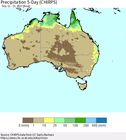 Australia Precipitation 5-Day (CHIRPS) Thematic Map For 2/11/2023 - 2/15/2023