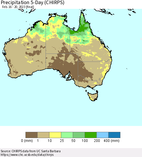 Australia Precipitation 5-Day (CHIRPS) Thematic Map For 2/16/2023 - 2/20/2023