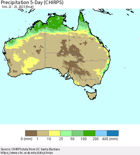 Australia Precipitation 5-Day (CHIRPS) Thematic Map For 2/21/2023 - 2/25/2023