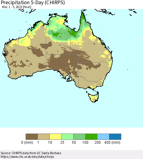 Australia Precipitation 5-Day (CHIRPS) Thematic Map For 3/1/2023 - 3/5/2023