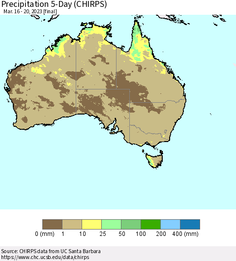 Australia Precipitation 5-Day (CHIRPS) Thematic Map For 3/16/2023 - 3/20/2023