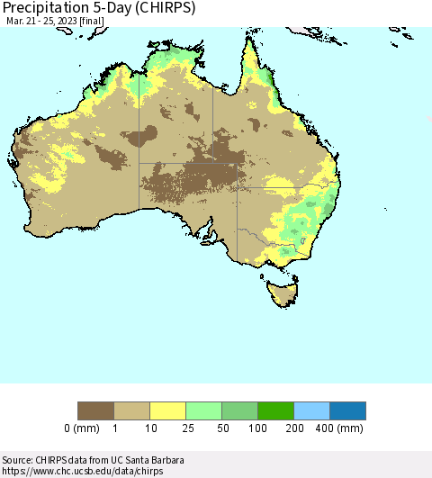 Australia Precipitation 5-Day (CHIRPS) Thematic Map For 3/21/2023 - 3/25/2023