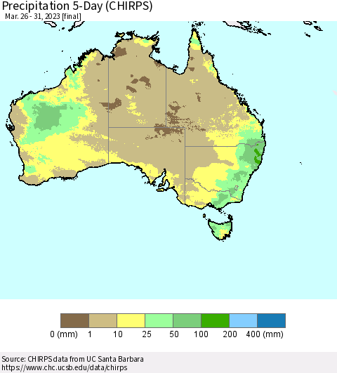 Australia Precipitation 5-Day (CHIRPS) Thematic Map For 3/26/2023 - 3/31/2023