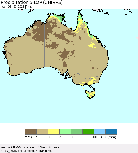 Australia Precipitation 5-Day (CHIRPS) Thematic Map For 4/16/2023 - 4/20/2023