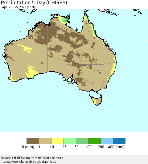 Australia Precipitation 5-Day (CHIRPS) Thematic Map For 4/21/2023 - 4/25/2023