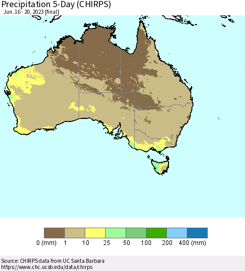 Australia Precipitation 5-Day (CHIRPS) Thematic Map For 6/16/2023 - 6/20/2023