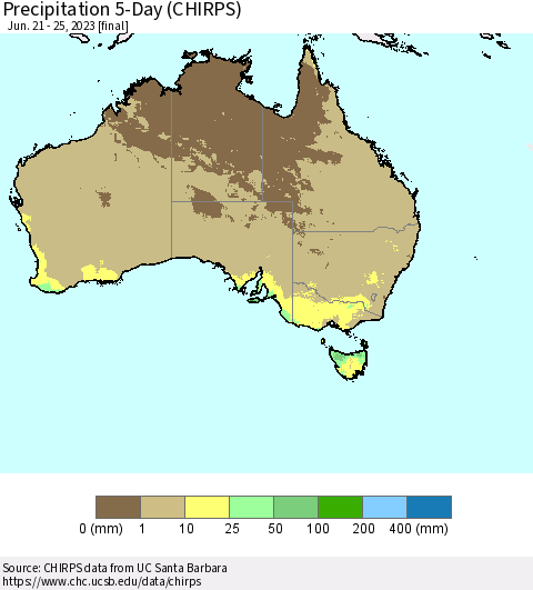 Australia Precipitation 5-Day (CHIRPS) Thematic Map For 6/21/2023 - 6/25/2023