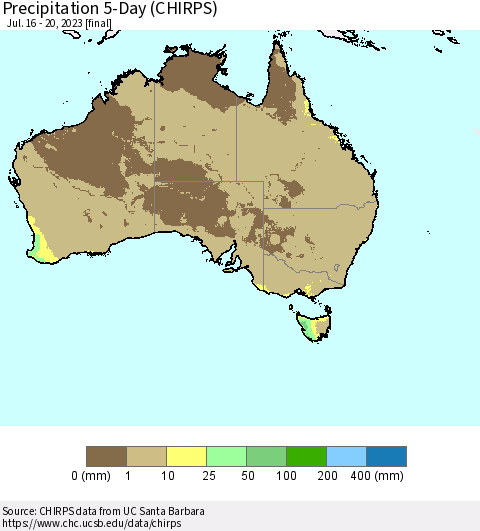 Australia Precipitation 5-Day (CHIRPS) Thematic Map For 7/16/2023 - 7/20/2023