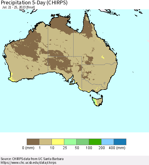 Australia Precipitation 5-Day (CHIRPS) Thematic Map For 7/21/2023 - 7/25/2023