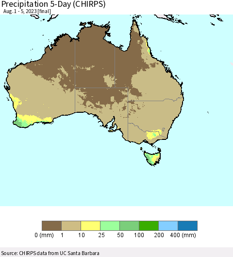 Australia Precipitation 5-Day (CHIRPS) Thematic Map For 8/1/2023 - 8/5/2023