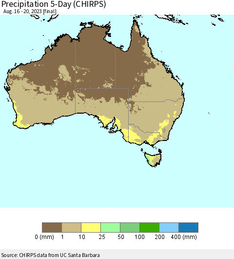 Australia Precipitation 5-Day (CHIRPS) Thematic Map For 8/16/2023 - 8/20/2023