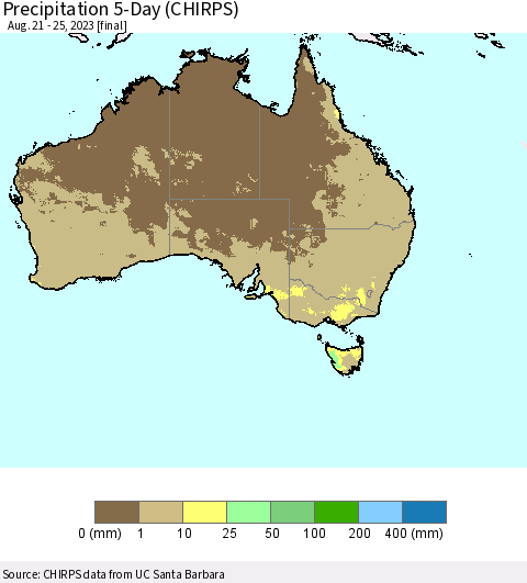 Australia Precipitation 5-Day (CHIRPS) Thematic Map For 8/21/2023 - 8/25/2023