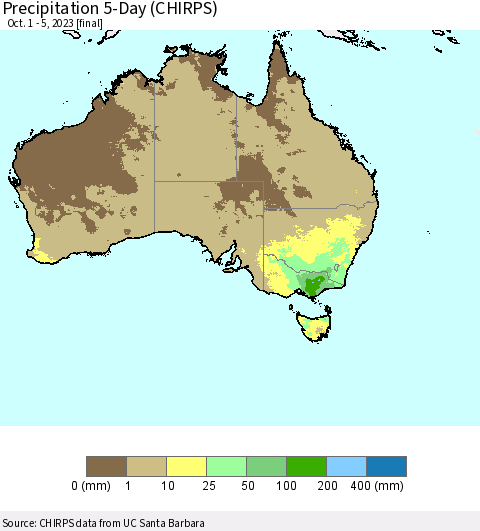 Australia Precipitation 5-Day (CHIRPS) Thematic Map For 10/1/2023 - 10/5/2023