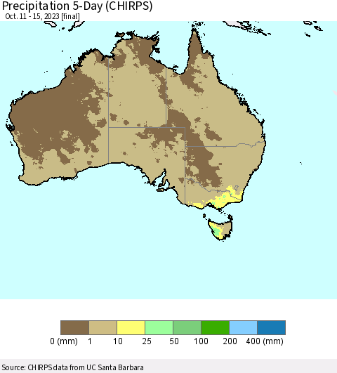 Australia Precipitation 5-Day (CHIRPS) Thematic Map For 10/11/2023 - 10/15/2023