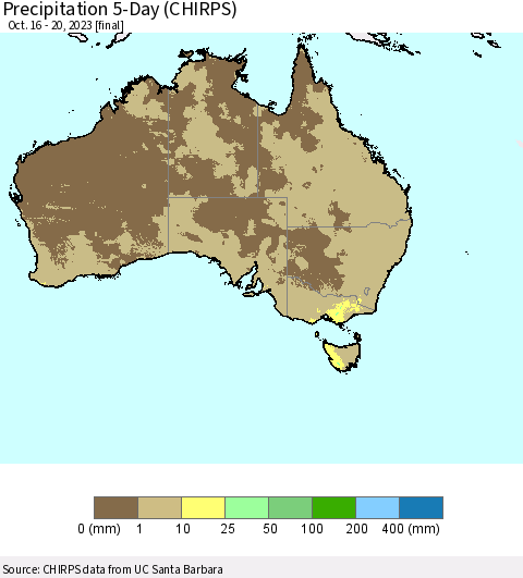 Australia Precipitation 5-Day (CHIRPS) Thematic Map For 10/16/2023 - 10/20/2023