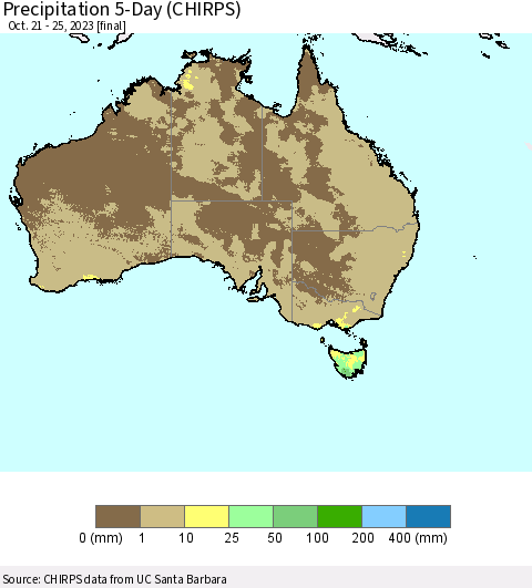 Australia Precipitation 5-Day (CHIRPS) Thematic Map For 10/21/2023 - 10/25/2023