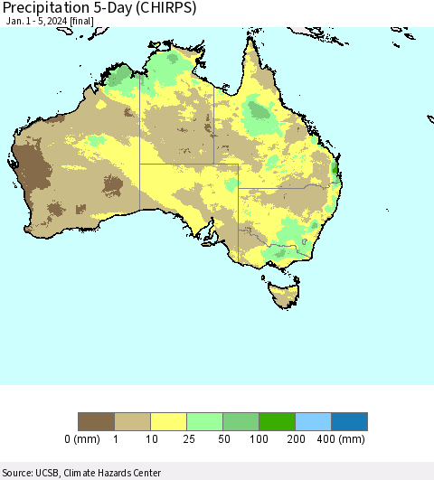 Australia Precipitation 5-Day (CHIRPS) Thematic Map For 1/1/2024 - 1/5/2024