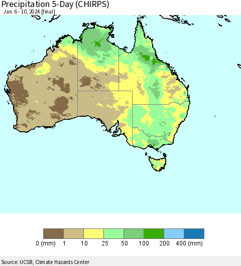 Australia Precipitation 5-Day (CHIRPS) Thematic Map For 1/6/2024 - 1/10/2024