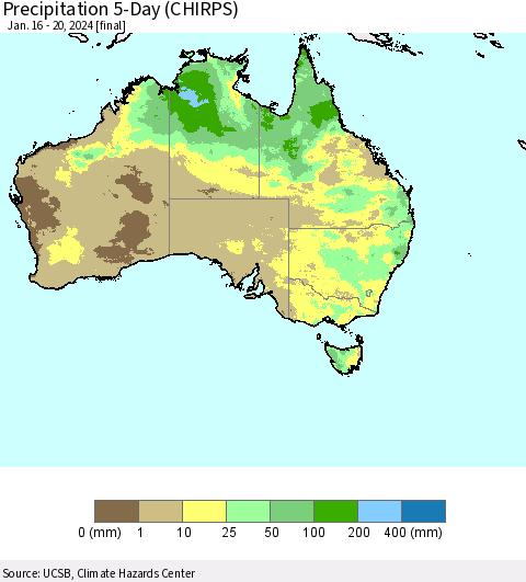 Australia Precipitation 5-Day (CHIRPS) Thematic Map For 1/16/2024 - 1/20/2024