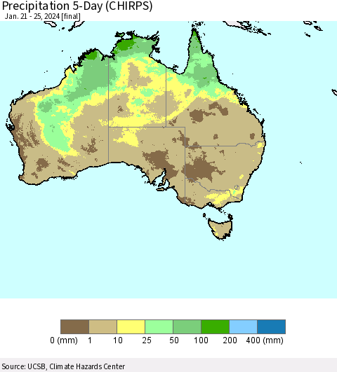 Australia Precipitation 5-Day (CHIRPS) Thematic Map For 1/21/2024 - 1/25/2024