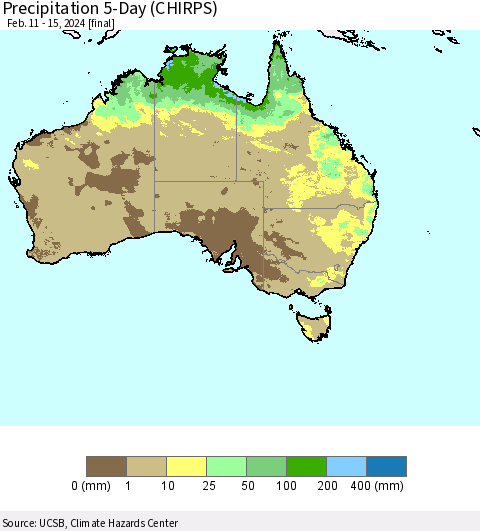 Australia Precipitation 5-Day (CHIRPS) Thematic Map For 2/11/2024 - 2/15/2024
