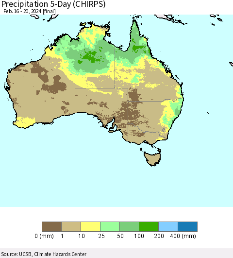 Australia Precipitation 5-Day (CHIRPS) Thematic Map For 2/16/2024 - 2/20/2024