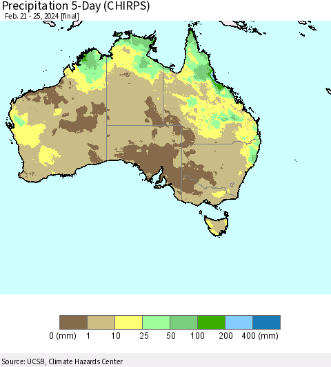 Australia Precipitation 5-Day (CHIRPS) Thematic Map For 2/21/2024 - 2/25/2024