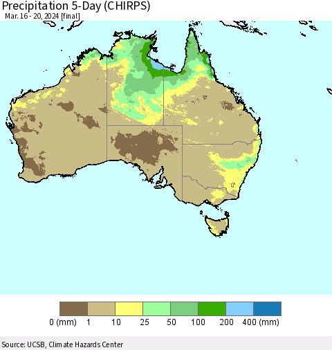 Australia Precipitation 5-Day (CHIRPS) Thematic Map For 3/16/2024 - 3/20/2024