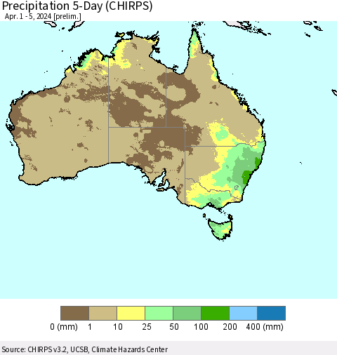 Australia Precipitation 5-Day (CHIRPS) Thematic Map For 4/1/2024 - 4/5/2024